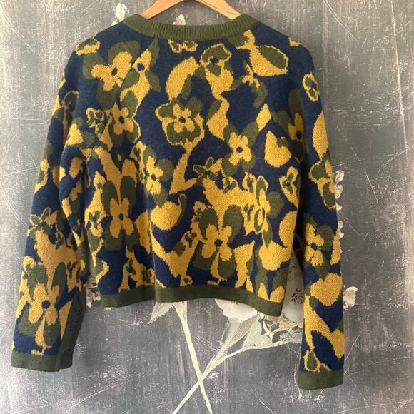 RAMY BROOK Sandi Jacquard Knit Floral Sweater Blue and Gold Size Large - Picture 10 of 10